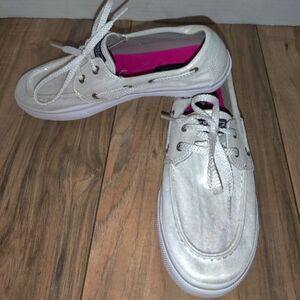 Sperry Top Sider Women's Bahama Glittery Shoes Size 5M Fabric Platinum/ Silver.